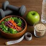 Healthy eating and fitness concept with a fresh vegetable salad, green apple, oats, water bottle, dumbbells, and measuring tape on a wooden table.
