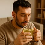 A man sitting in a cozy living room holding a clear glass mug of chamomile and ginger tea, enjoying its aroma in warm natural daylight.