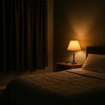Cozy bedroom at night with dark blackout curtains, a warm bedside lamp, and a neatly made bed creating an sleep environment.