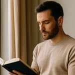 man reading a book by a window in warm daylight.