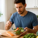 Man preparing a salad with salmon and vegetables in a bright kitchen.