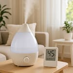 Cool-mist humidifier and digital hygrometer showing 45% humidity.