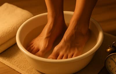 Feet soaking in a warm foot bath beside a towel and clock.