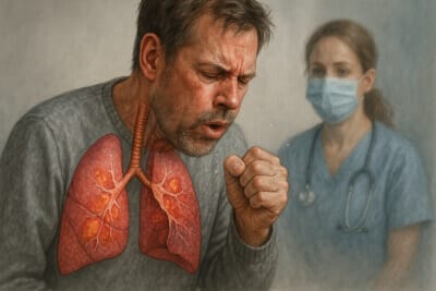 Man coughing with inflamed lungs showing respiratory infection such as pneumonia or bronchitis.
