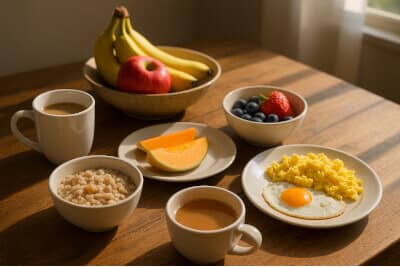 Healthy breakfast with eggs, fruit, and oats in natural morning sunlight, symbolizing circadian eating and early-day nutrition.