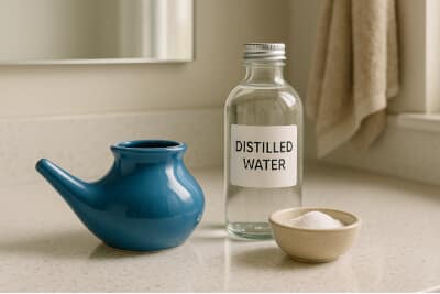 Nasal irrigation setup with a blue neti pot, a glass bottle labeled distilled water, and a small bowl of salt on a bathroom counter.
