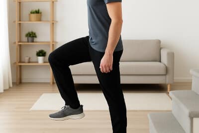 A man in long athletic pants performing step-up exercises at home in a bright modern living room with natural light — representing fitness and healthy daily movement.
