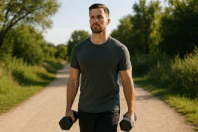 Adult man walking outdoors on a sunny path while performing a farmer’s carry with two dumbbells.