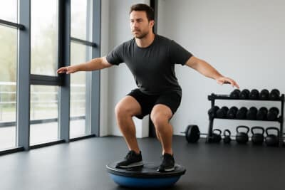 A man practicing dynamic balance on a BOSU ball in a gym.