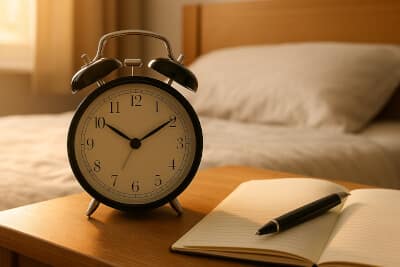 Soft daylight shining on a wooden nightstand with an alarm clock and an open notebook with a pen.