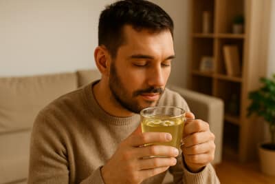 A man sitting in a cozy living room holding a clear glass mug of chamomile and ginger tea, enjoying its aroma in warm natural daylight.