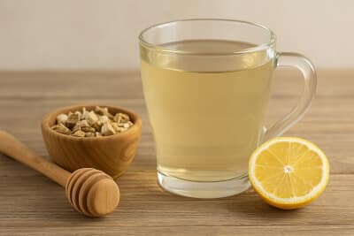 Glass mug of marshmallow root tea with dried root pieces, honey dipper, and lemon slice on a wooden surface.