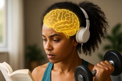 focused woman lifting a dumbbell while reading a book.