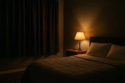 Cozy bedroom at night with dark blackout curtains, a warm bedside lamp, and a neatly made bed creating an sleep environment.
