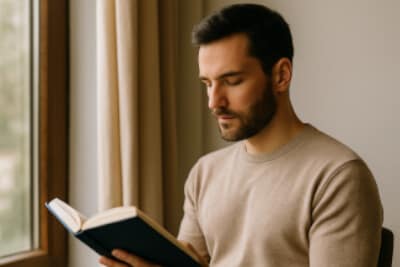 man reading a book by a window in warm daylight.