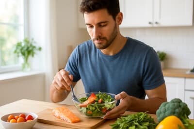 Man preparing a salad with salmon and vegetables in a bright kitchen.