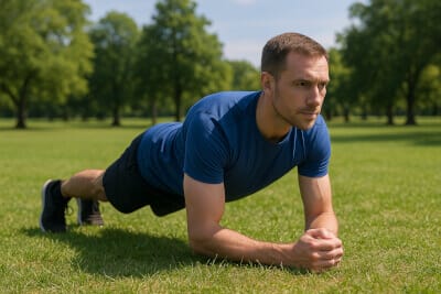 man performing a plank exercise outdoors, symbolizing focus, strength, and the connection between physical movement and mental balance.