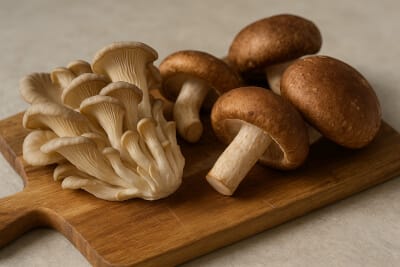 Oyster and shiitake mushrooms on a wooden board—natural sources of ergothioneine