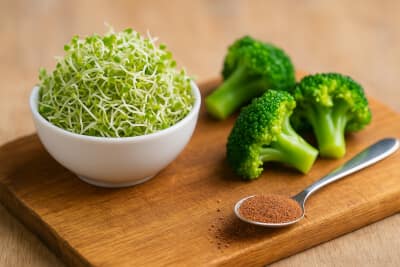 Broccoli sprouts in a small white bowl beside steamed broccoli florets and a teaspoon of ground brown mustard seed on a rustic wooden board.