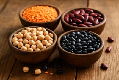 Four rustic wooden bowls filled with chickpeas, black beans, red kidney beans, and red lentils on a wooden table.
