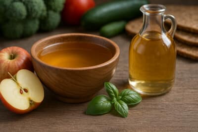 A rustic wooden bowl with golden liquid, a glass bottle, fresh apple halves, and basil leaves on a wooden table.