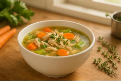 Steaming bowl of homemade chicken soup with shredded chicken, carrots, celery, and fresh thyme on a wooden table in a cozy kitchen setting.