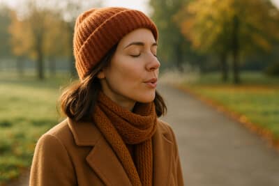 Woman on a crisp autumn morning, eyes closed and lips gently pursed as she hums through her nose.