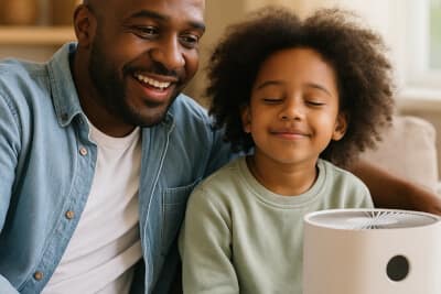 Father and daughter sitting happily beside an air purifier in a bright living room.