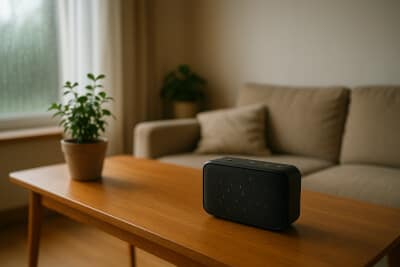 Calm living room with a small black speaker