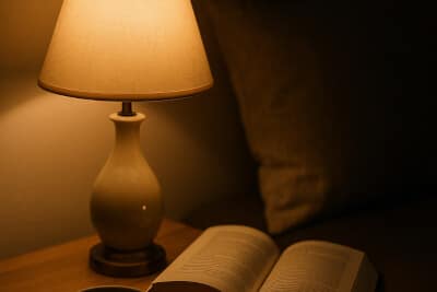 A cozy nighttime scene showing a glowing bedside lamp and an open book.