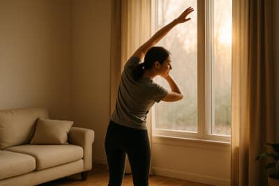 Woman in workout clothes stretching near a sunlit window in a cozy living room with warm morning light and beige sofa.