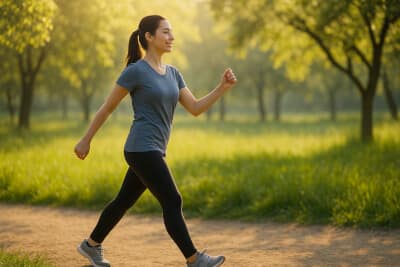 A woman walking rhythmically along a sunlit park path surrounded by green trees
