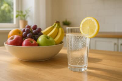 Glass of sparkling water with a lemon slice beside a bowl of colorful fresh fruit on a sunlit kitchen counter.