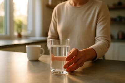 A person starting their day with a glass of water as part of a healthy hydration habit