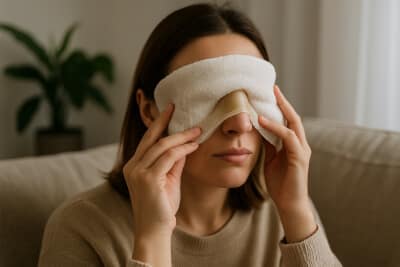 Woman applying a warm compress over her eyes and nose while sitting on a sofa to relieve sinus pressure.
