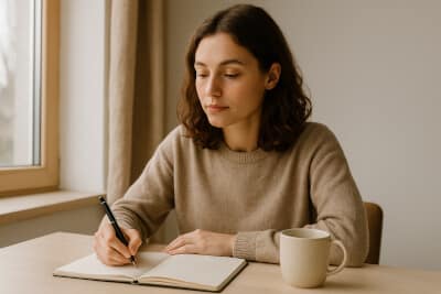 Young woman sitting at a desk writing, with natural light coming through a window.