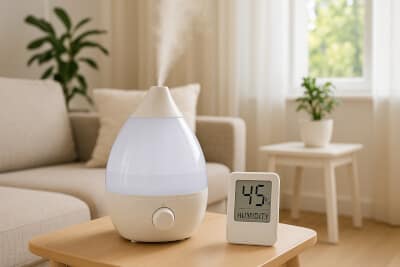 Cool-mist humidifier and digital hygrometer showing 45% humidity.