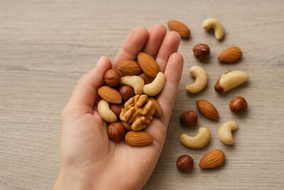 A close-up of a hand holding a small mix of almonds, cashews, walnuts and hazelnuts over a light wooden table
