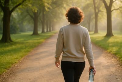 Adult walking along a tree-lined park path in soft morning light while holding a reusable water bottle, symbolizing daily habits that support immune resilience.