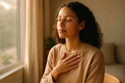 A young woman sitting by a sunlit window with her eyes closed and one hand on her chest.