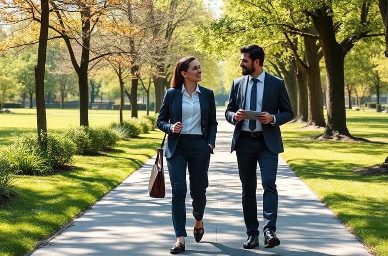 Two colleagues walking and talking during a work meeting in a park