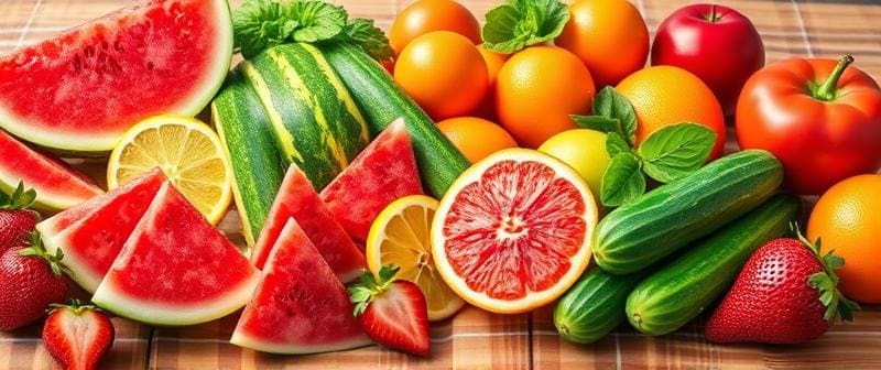 Colorful assortment of water-rich fruits and vegetables